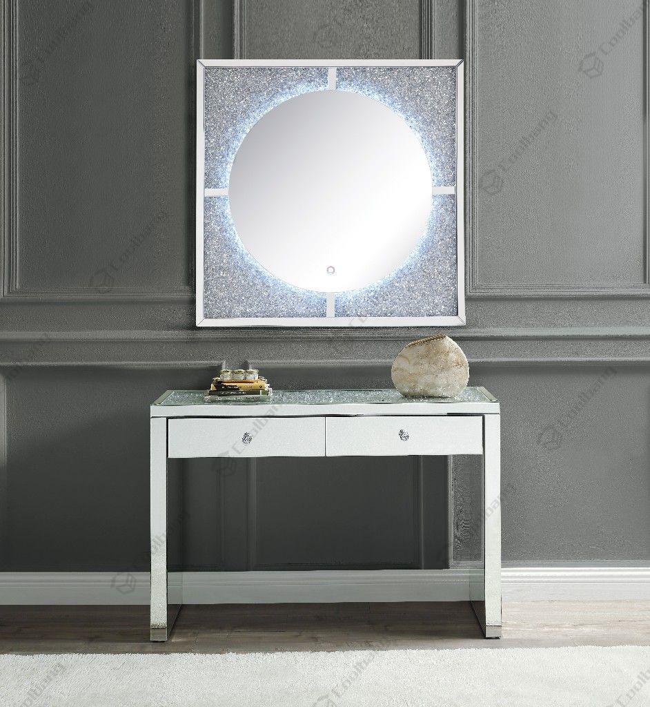 Crushed Diamond Console Table with LED Wall Mirror Set,Console Table