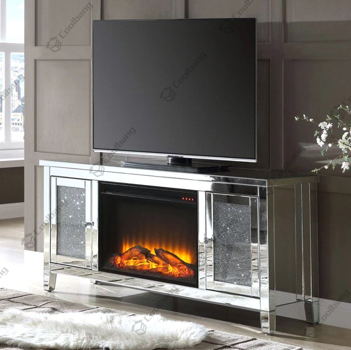 Mirrored Furniture Crushed Diamond TV Stand with Fireplace