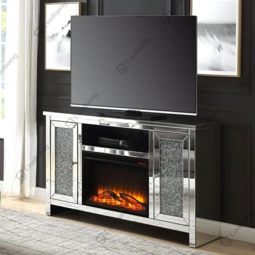 Mirrored Furniture Crushed Diamond TV Stand with Fireplace