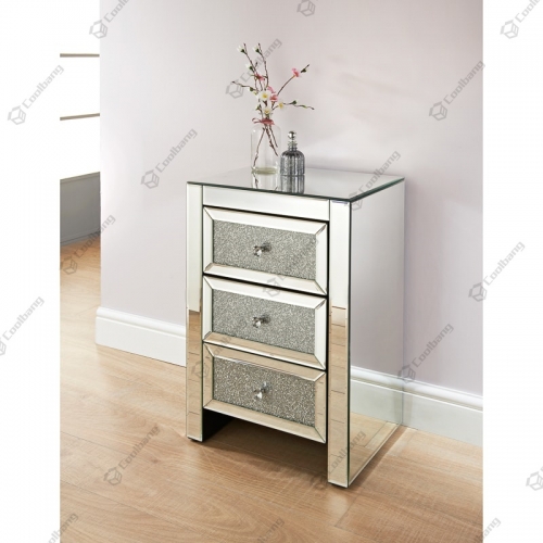 Mirrored Bedroom Furniture Luxury Style Crushed Diamond Bedside Table 3 Drawers Nightstands