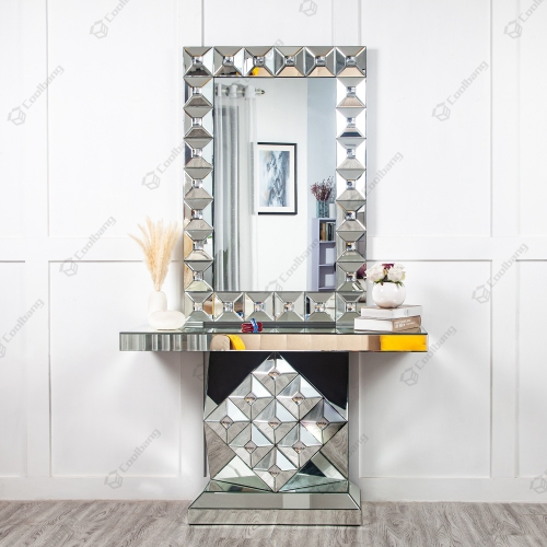 New Modern Luxury Living Room Mirrored Furniture Silver Glass Table Crushed Diamond Crystal Console Tables With Wall Mirror Set