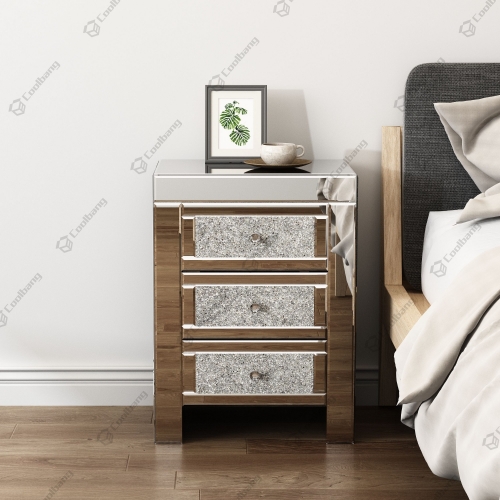Mirrored Bedroom Furniture Drawer Flocting Crystal Bedside Table Nightstand