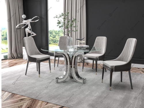 Modern Mirrored Round Tempered Glass Top Dining Table